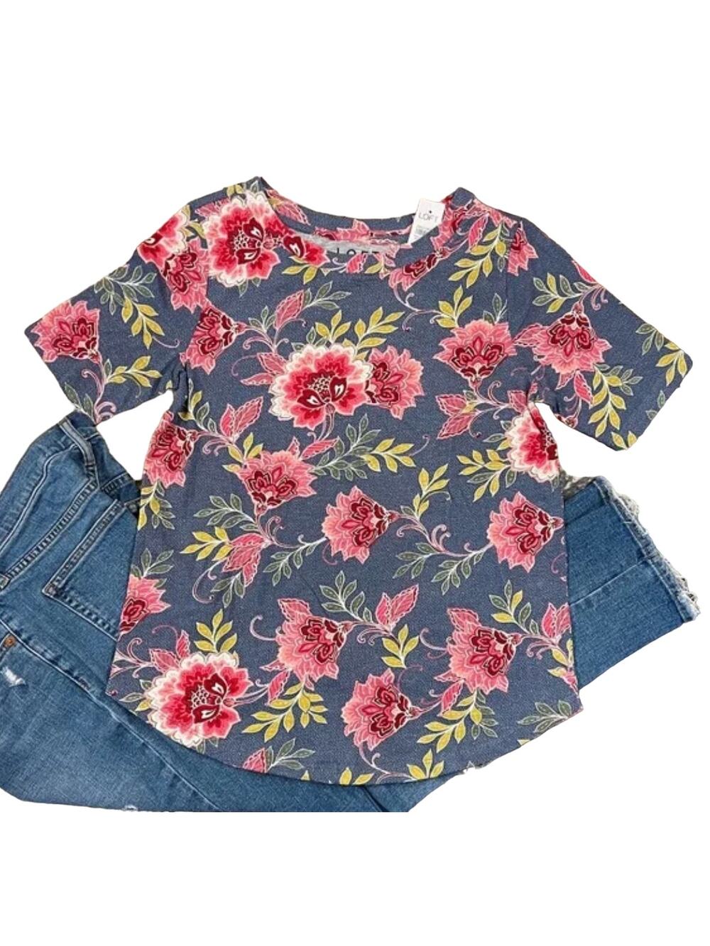 NWT LOFT Blue Floral Elbow Sleeve Cotton Crewneck Tee - SIZE XS